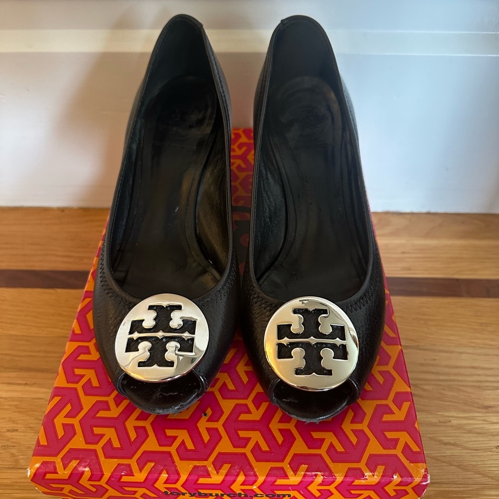 Tory Burch Peep Toe Leather Wedge